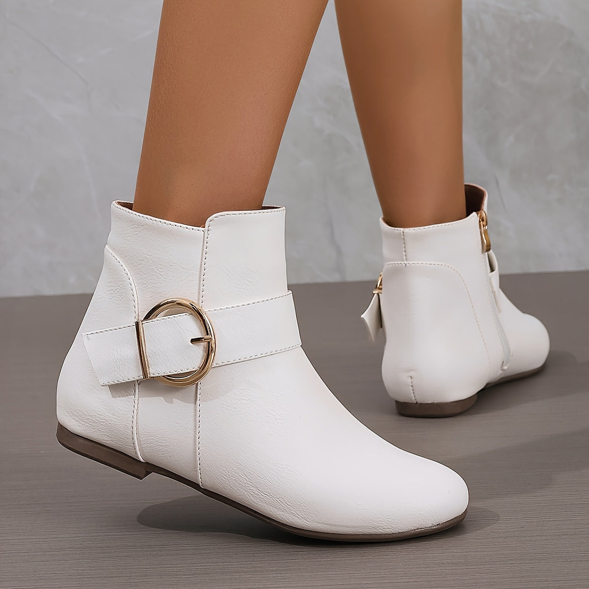 Women Leather Side Zipper Ankle Boots with Big Buckle