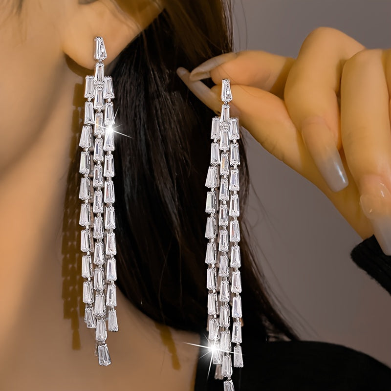 Wedding Jewelry Earrings with Zirconia Square Chain Tassel Design