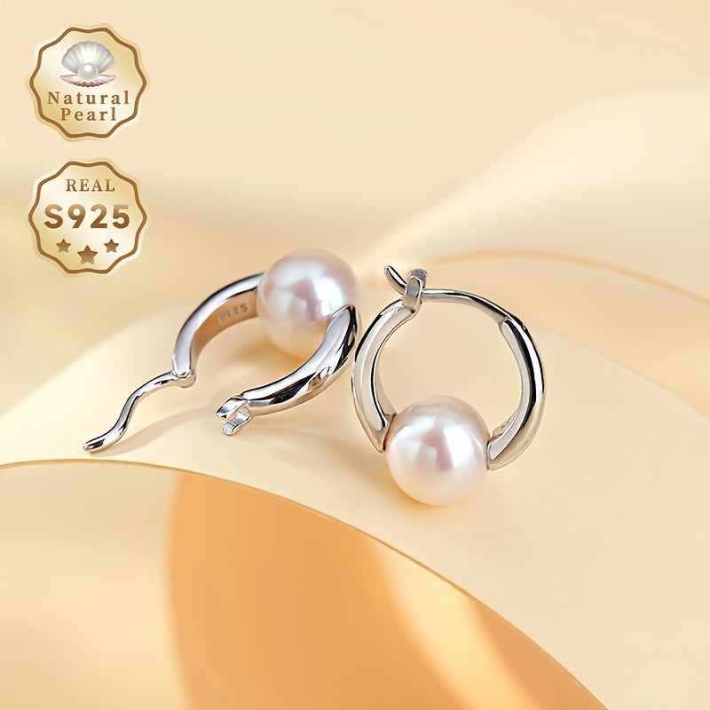 Women’s Freshwater Pearl Hoop Earrings 8-9mm Silver Post Gift for June Birthdays
