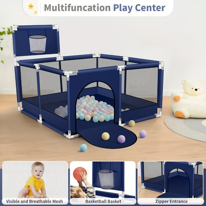 Square Playpen Fence for Kids with Basketball Frame and Play Yard Fence for Holidays