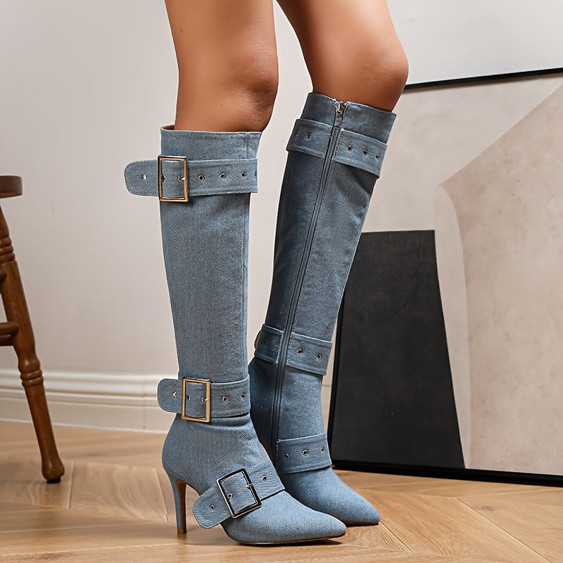 Женские ботинки на шпильке с заостренным носком и высокими голенищами, ультра-высокие, из ткани, с молнией, черные