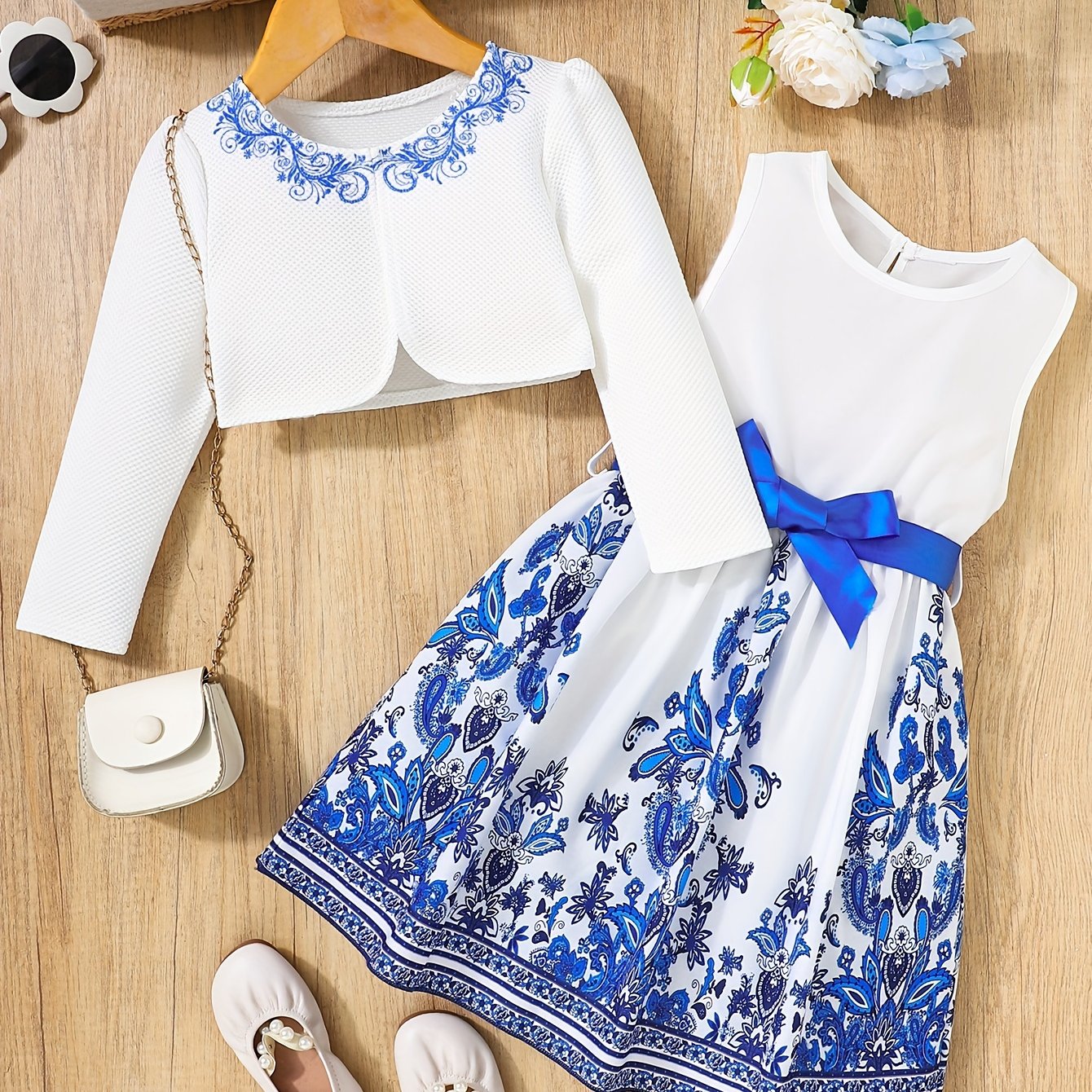 Girls Butterfly Casual Two-Piece Dress Set with Midi Length and Belt