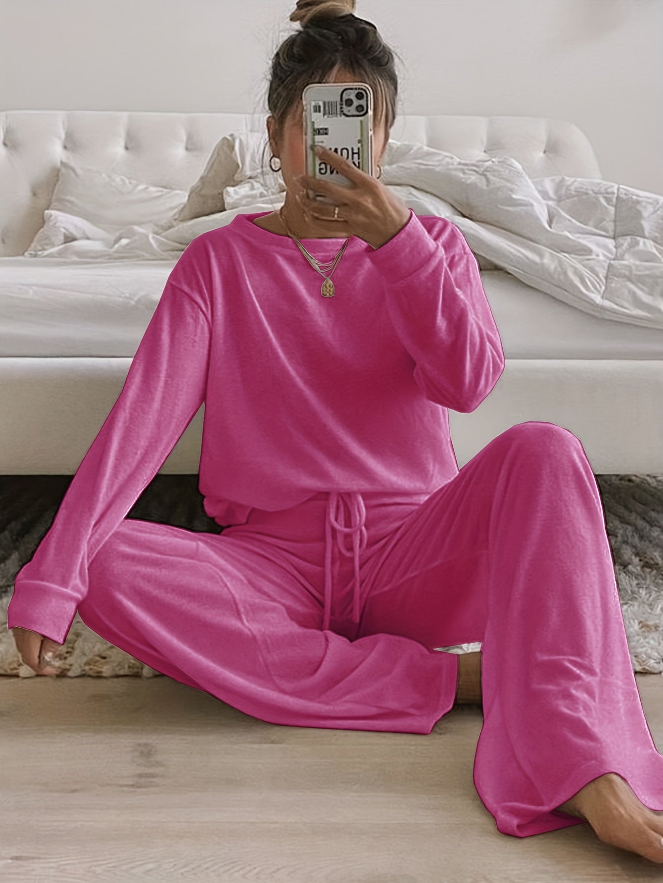 Women's Brushed Fabric Loungewear Set in Solid Color with Crew Neck and Long Pants for Fall Winter