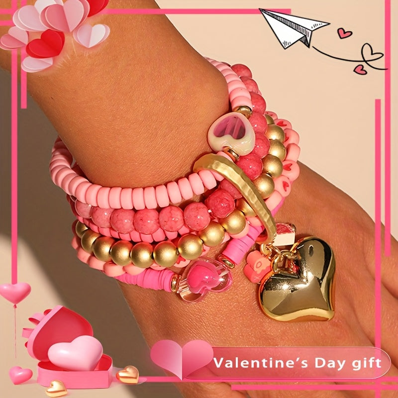 Pulsera de resina rosa bohemia con incrustaciones de corazón para mujeres