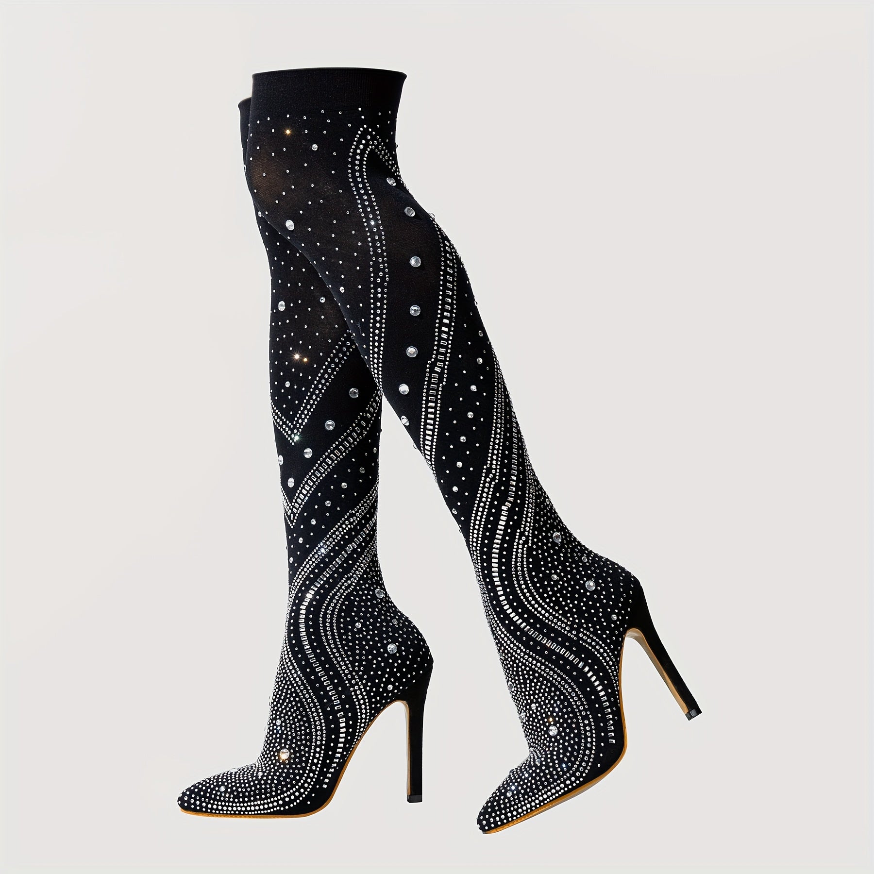Women's Stretch Mesh Over-the-Knee Boots with Rhinestones and Stiletto Heels