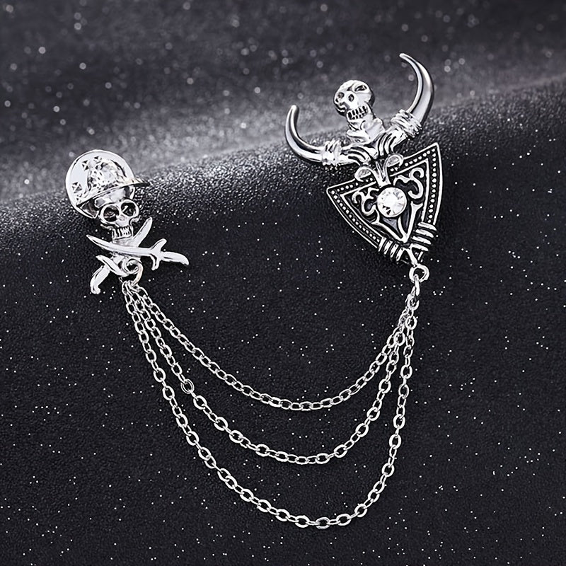Set of 2 Gothic Skull Brooches with Vintage Bull and Pirate Designs in Gold and Silver Alloy