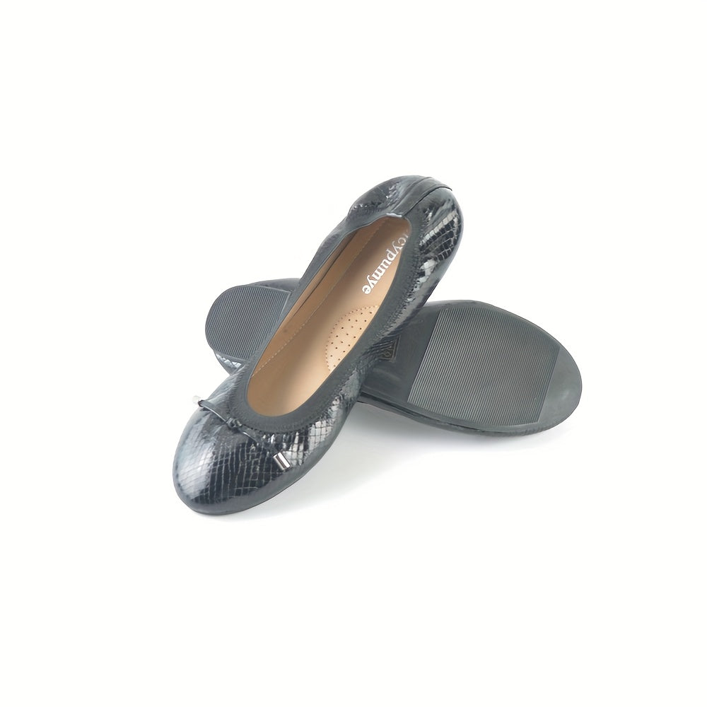 Women's Black Slip-On Ballet Flats with Bow, Round Toe, Ankle Strap