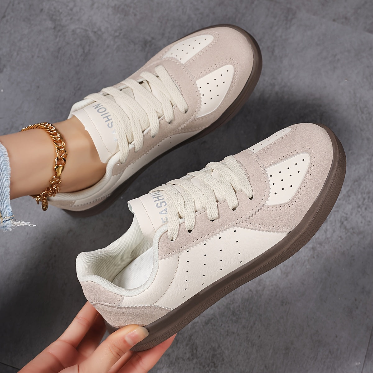 Women's Retro High-Top Sneakers Synthetic Cover Upper Casual Shoes Black/White Beige