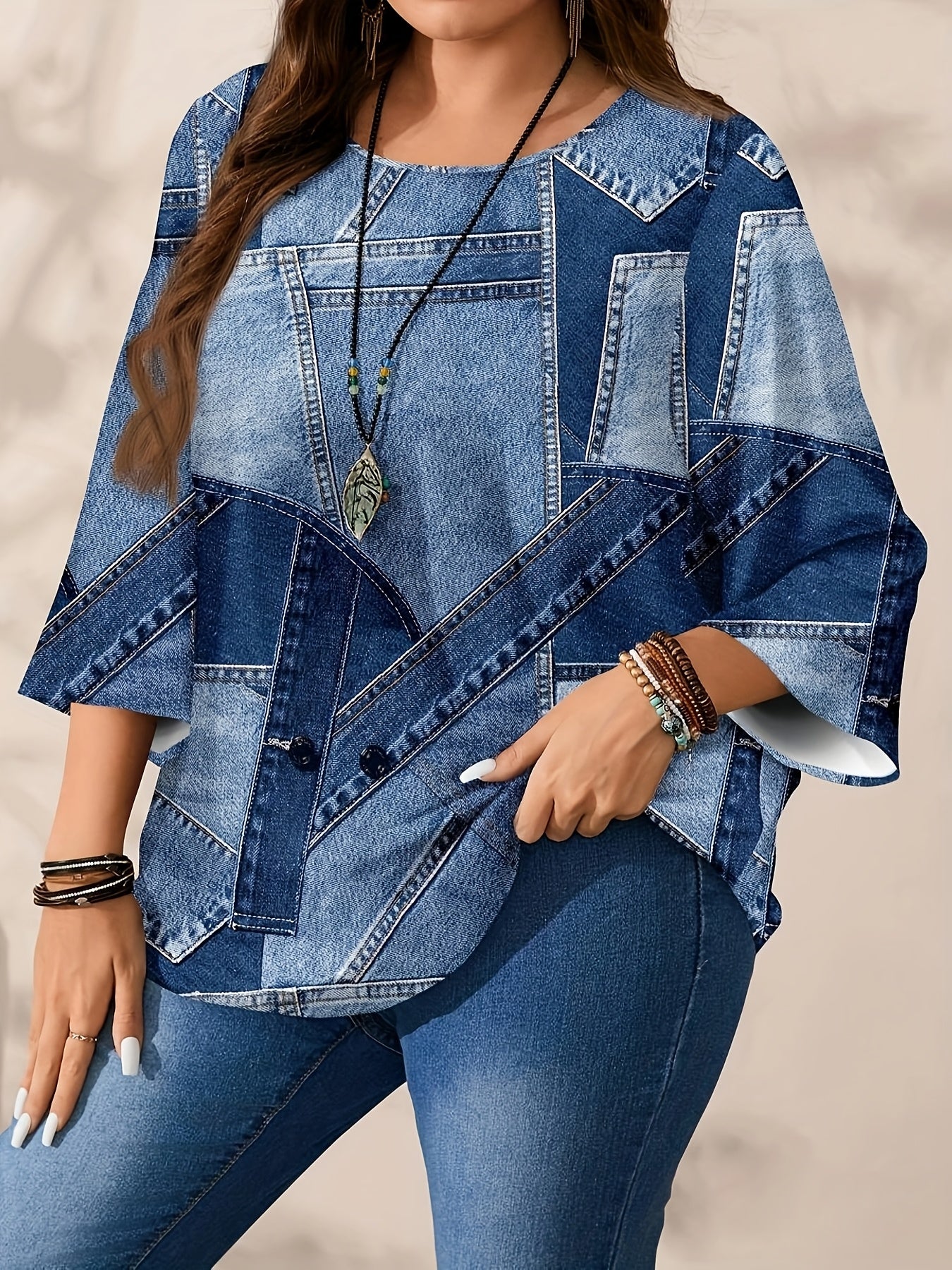 Katta o'lchamdagi ayollar uchun uzun ko'ylakli, dumaloq bo'yinli ko'ylak, bahor va kuz uchun