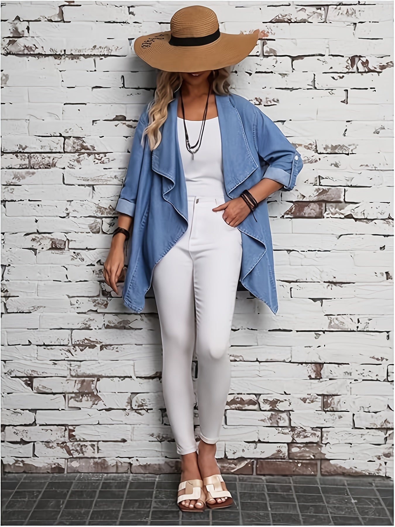 Women's Oversized Denim Jacket With Open Front Long Sleeve Washed Blue