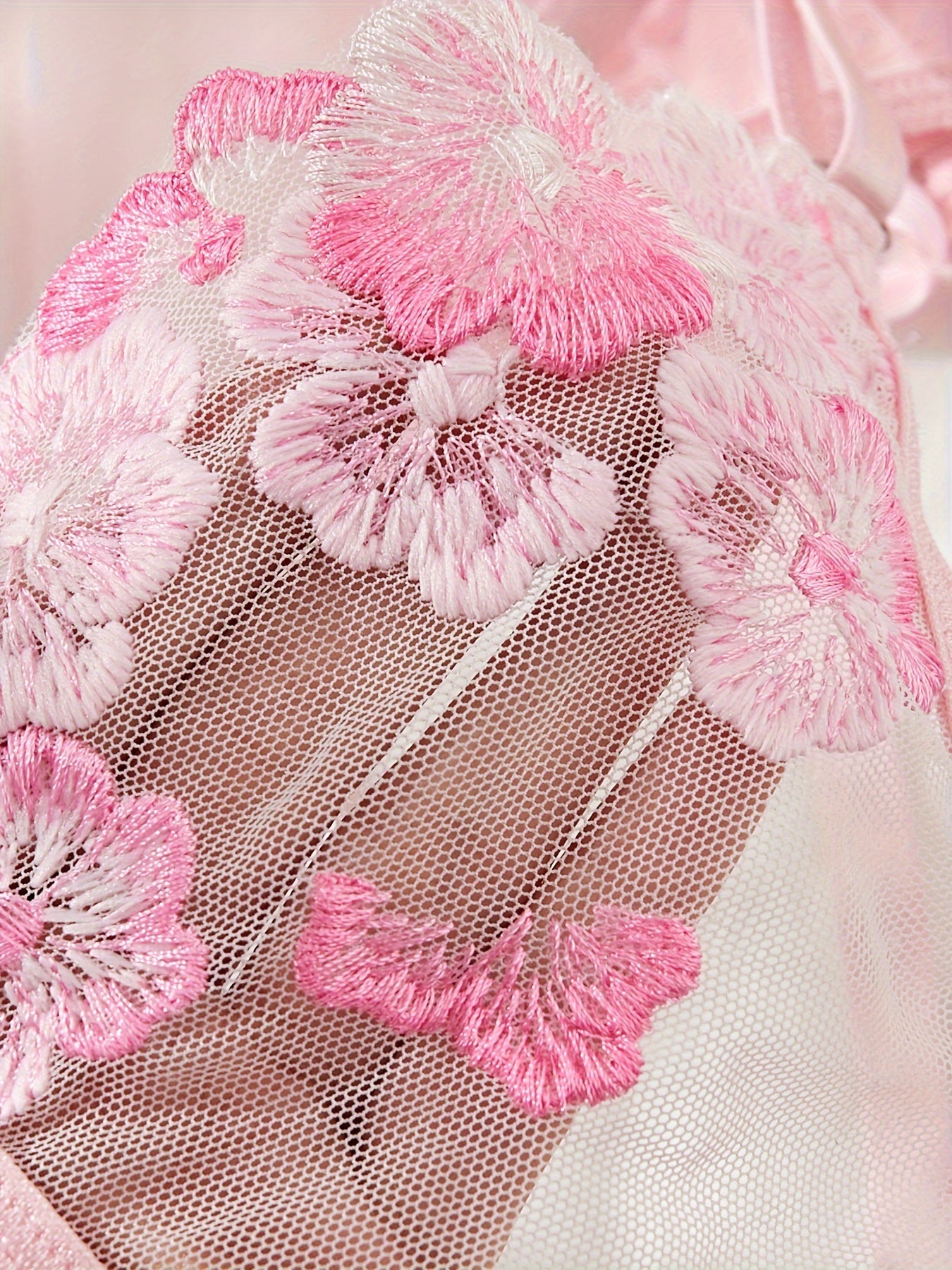 Pink Floral Embroidery Lingerie Set with Garter Belt and Stockings 4-Piece