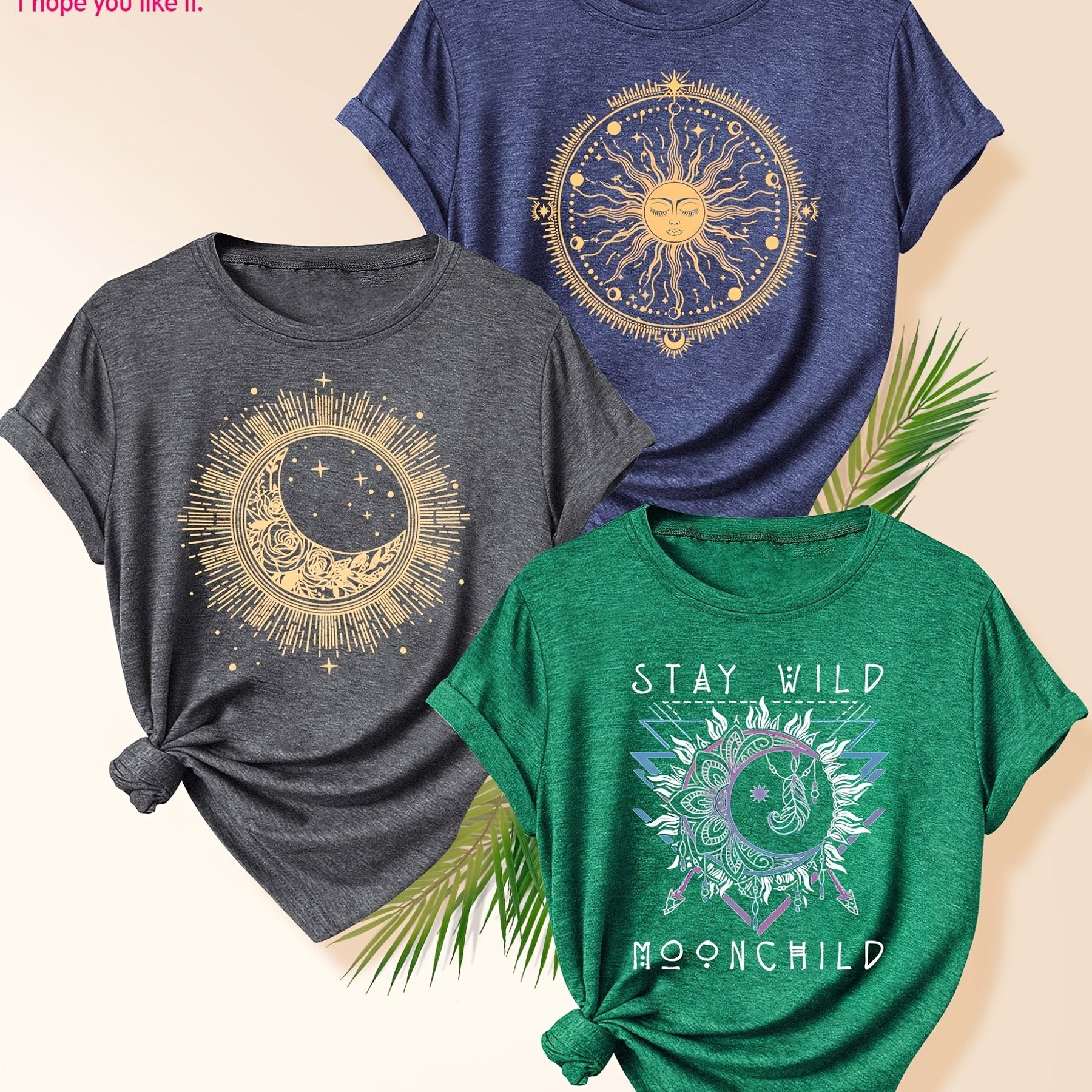 Women's 3 Pack Vintage-Inspired Sun & Moon Graphic T-Shirts Short Sleeve Polyester Blend
