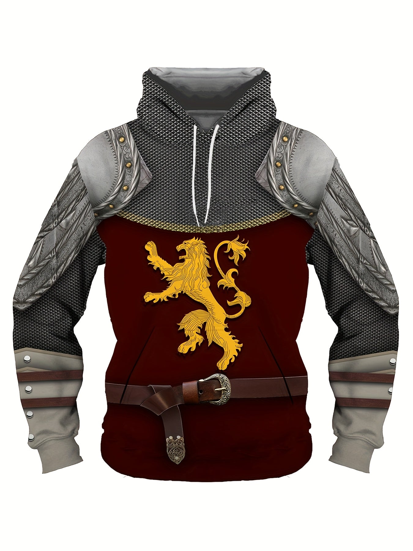 Men's Red Hoodie with Lion Shield Print Polyester Knit Casual Sports Fall Winter