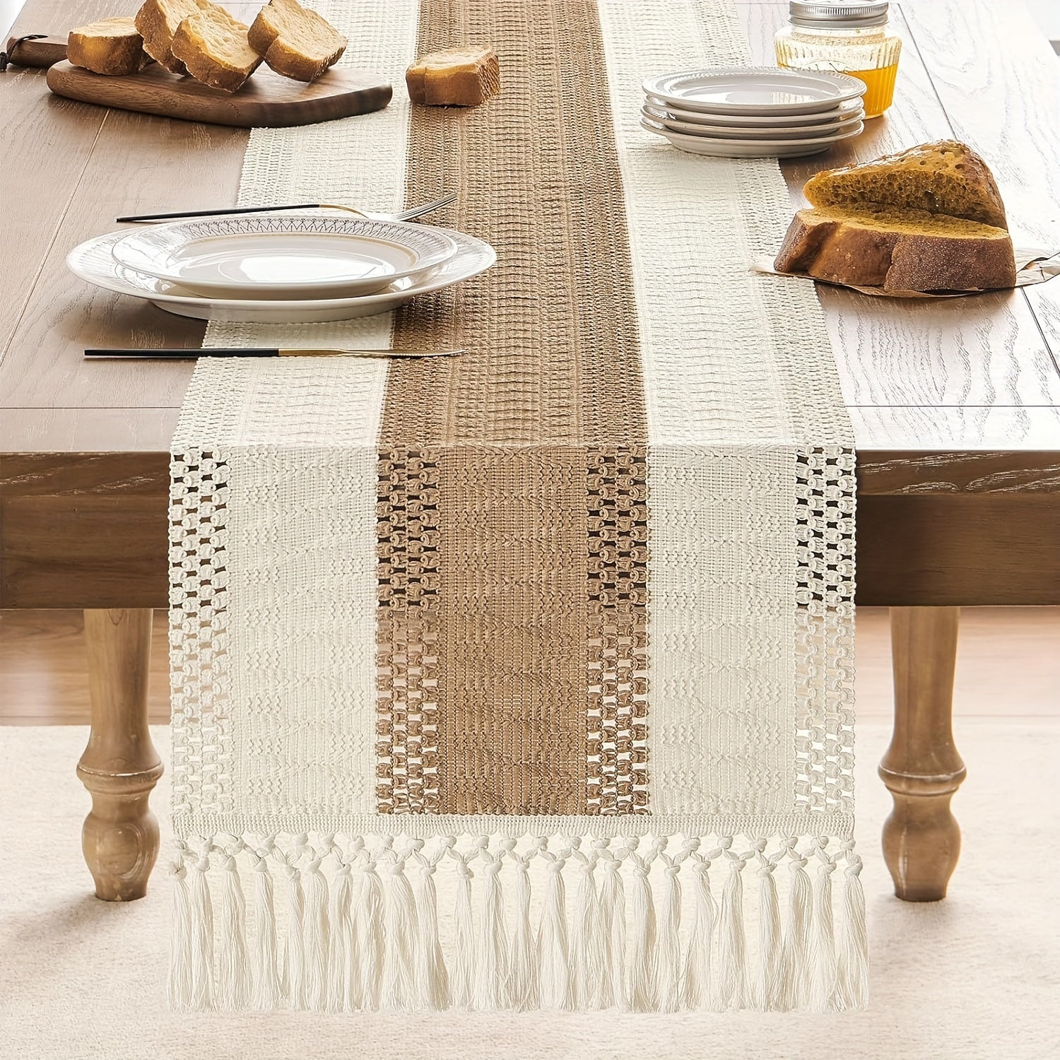 Bohemian Crochet Table Runner with Tassels Cream and Brown for Weddings Parties Home Decor