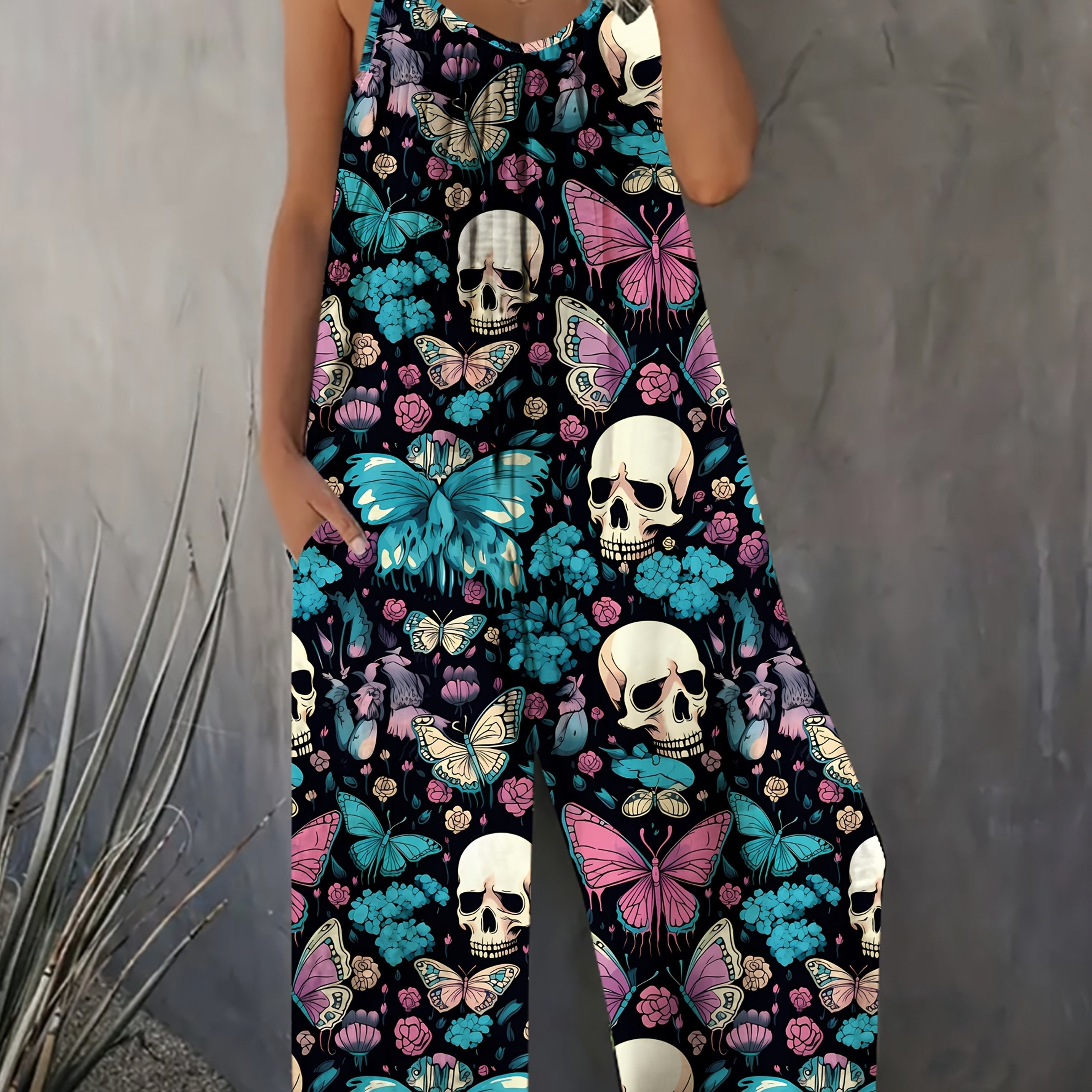 Women's Gothic Floral and Skull Print Overalls - Blue Pink Wide-Leg Jumpsuit
