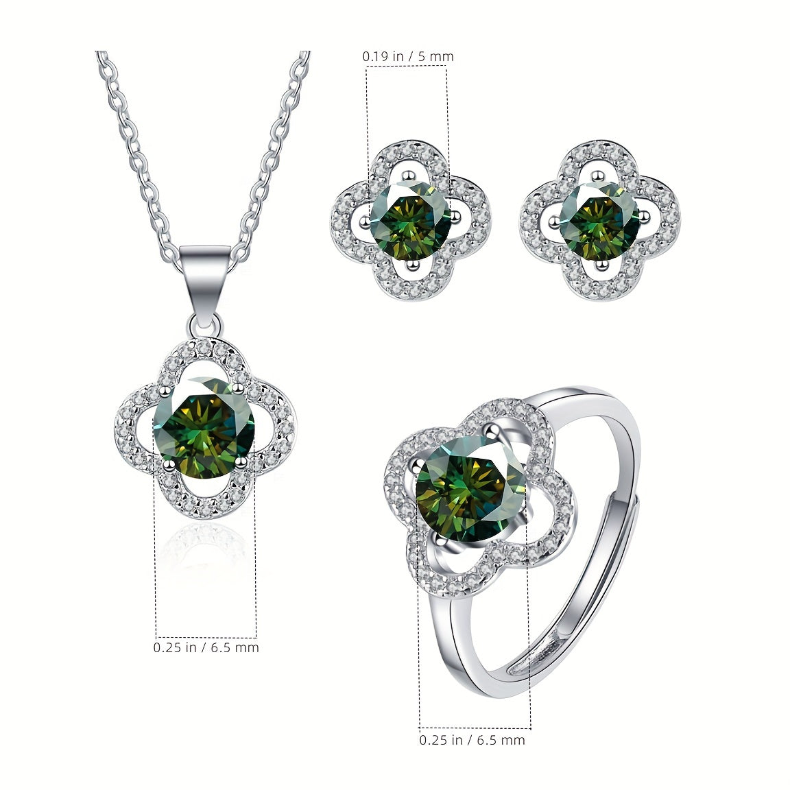 Moissanite Jewelry Set 925 Sterling Silver Earrings Necklace Ring Flower Design Gift