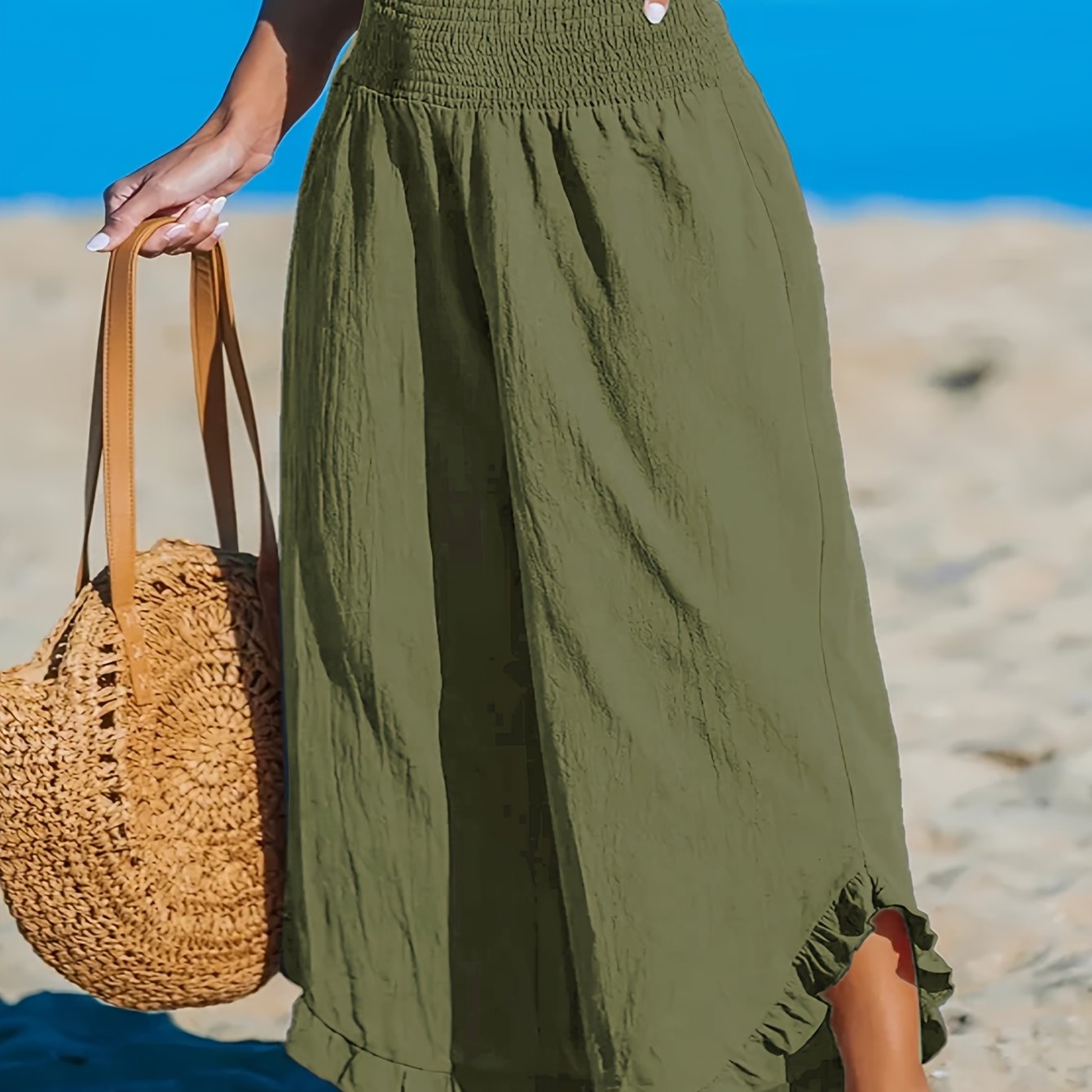 Plus Size Women's Olive Green Wide Leg Pants Elastic Waist Ruching Casual Trousers