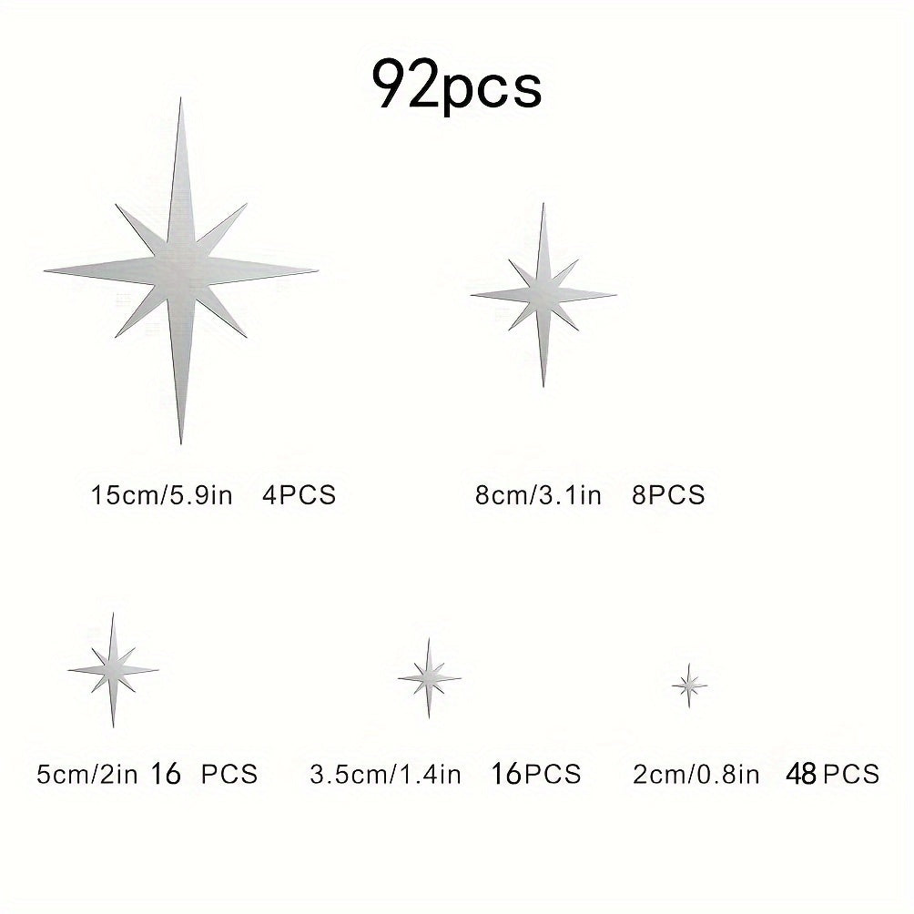 Коробка из 82 акриловых зеркальных наклеек в форме звезд для креативного декора стен и потолков.
