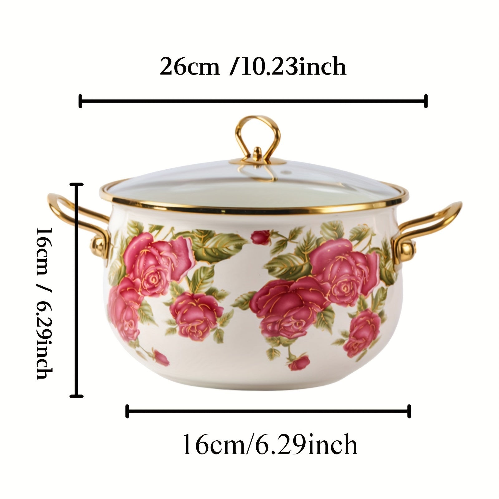 Stockpot with Gold Handle and Rose Flower Enamel Design, Includes Glass Lid, Multiple Sizes