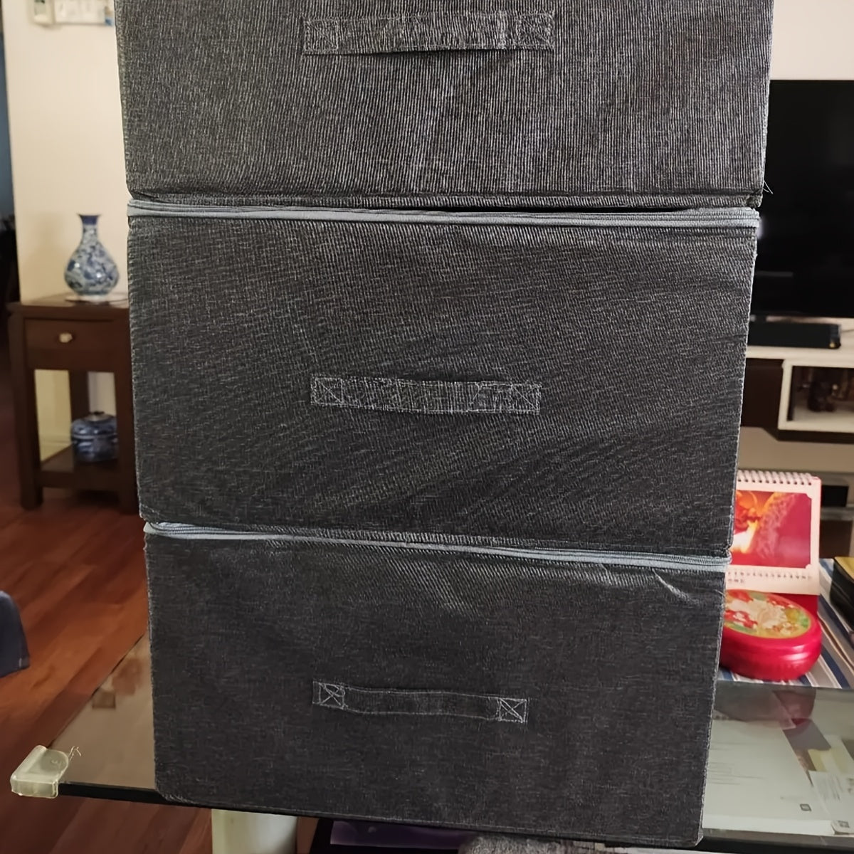 Fabric Collapsible Storage Box with Zipper Lid Handles for Wardrobe Organization Black