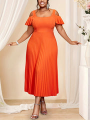 Plus Size Orange Midi Dress with Ruffle Sleeves and Pleated Detail