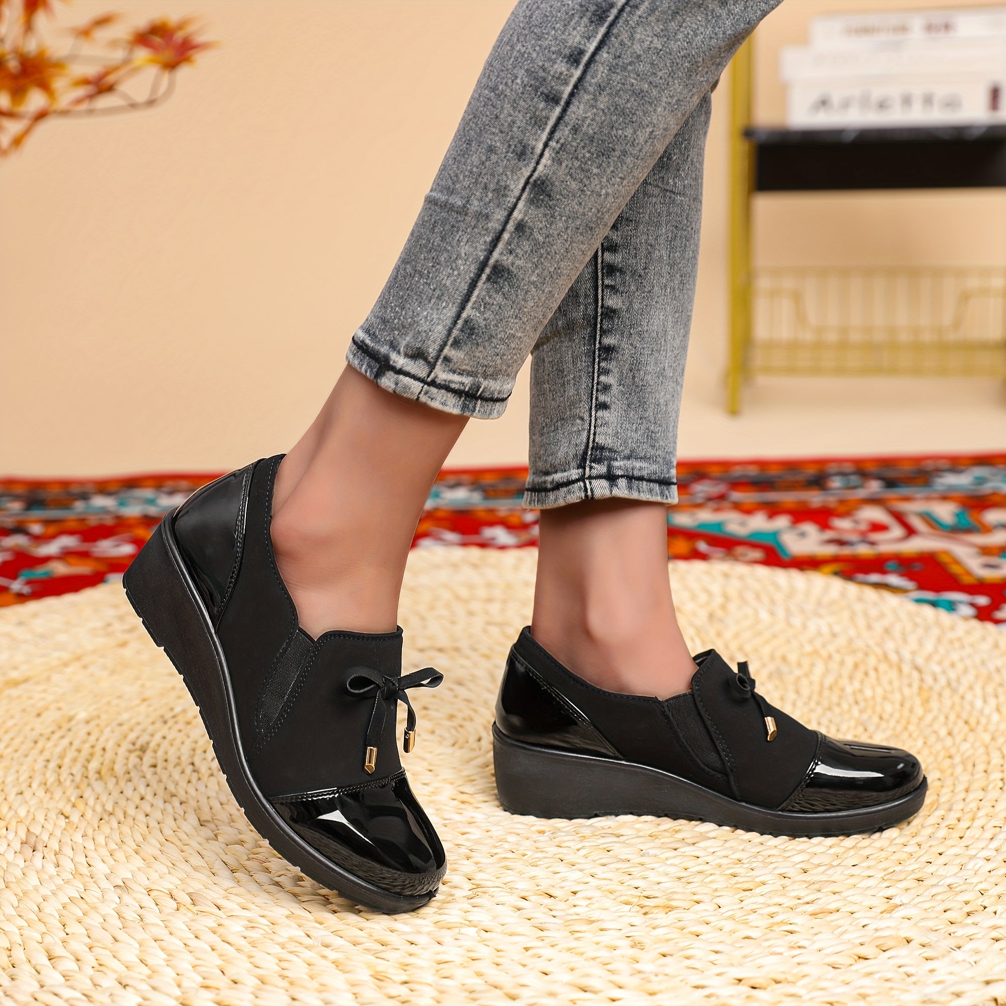 Women's Slip-On Loafers Black Synthetic Casual Shoes All-Season Comfort