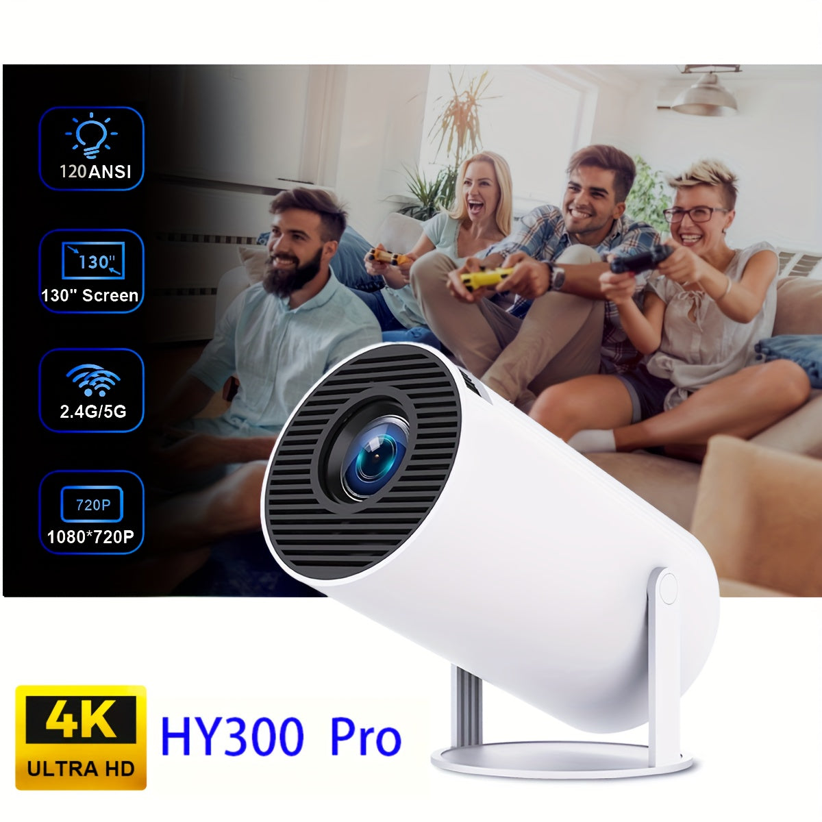 Home Theater Projector 4K Ultra HD Wireless 120ANSI 180° Adjustable