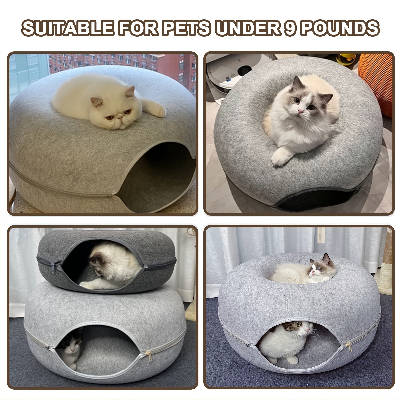 Gray Wool Felt Cat Tunnel Bed with Zippered Split, Foldable, Versatile Indoor Pet Bed