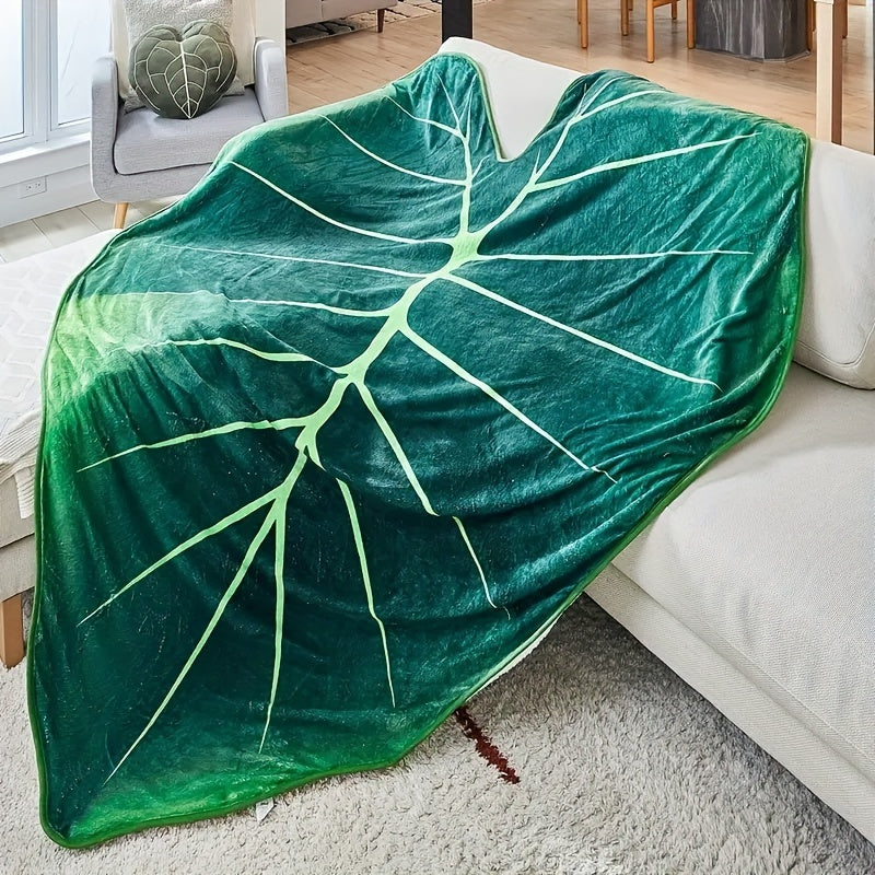 Manta de felpa con forma de hoja verde para niños y adultos, acogedora para siestas, viajes, sofá y cama