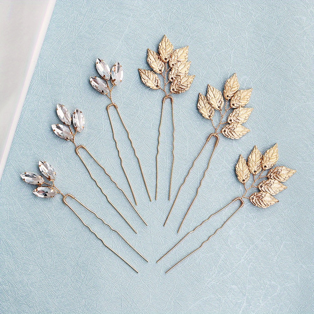 Set of 6 Leaf and Rhinestone Hair Pins for Bridal Wedding Hair Accessories