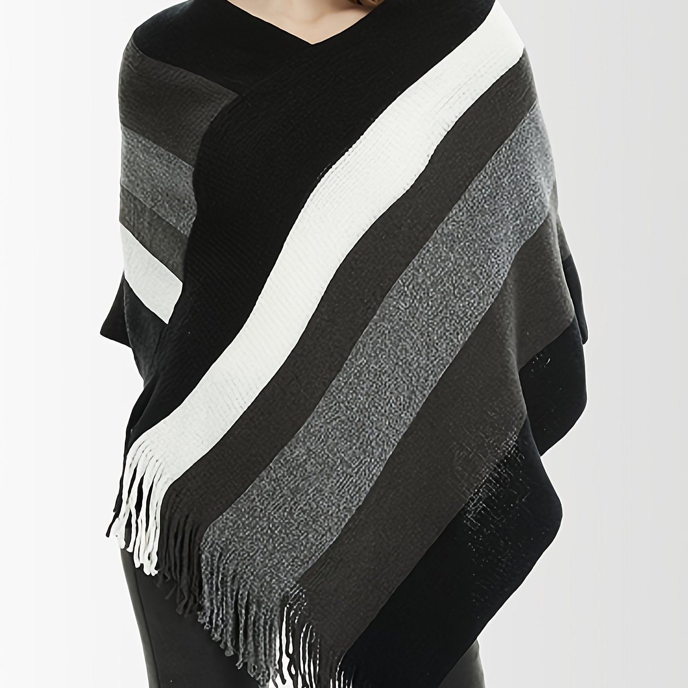 Women's Plus Size V-Neck Striped Knit Pullover Oversized Sweater Warm Wool Blend