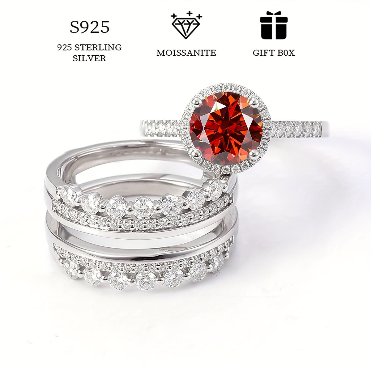 Set of 2 Silver Stacking Rings with 2ct Colorful Moissanite for Women