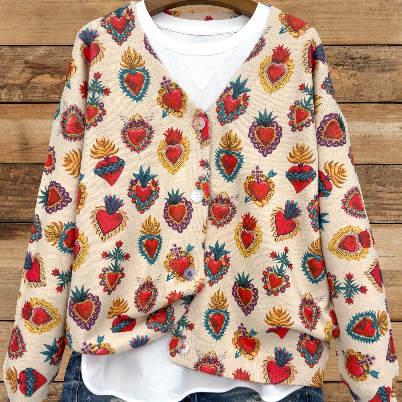 Women's Oversized V-Neck Cardigan Knit Sweater with Button Detail