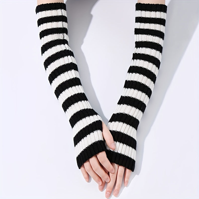 Women's Long Striped Knit Gloves with Thumb Hole and Arm Cover for Autumn Winter