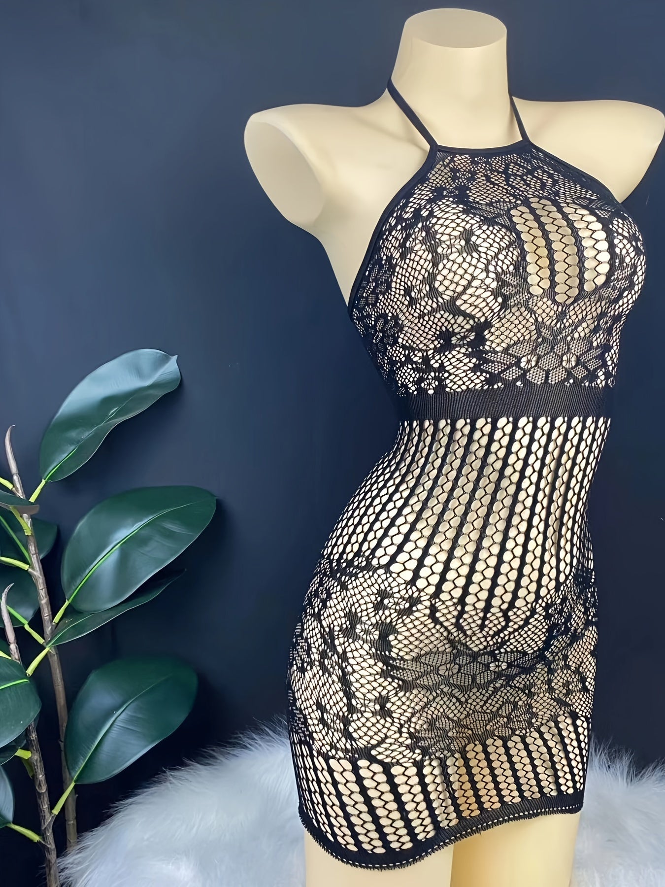 Women’s Lace Mesh Backless Bodysuit with Halter Neck and Nylon Elastane Fabric