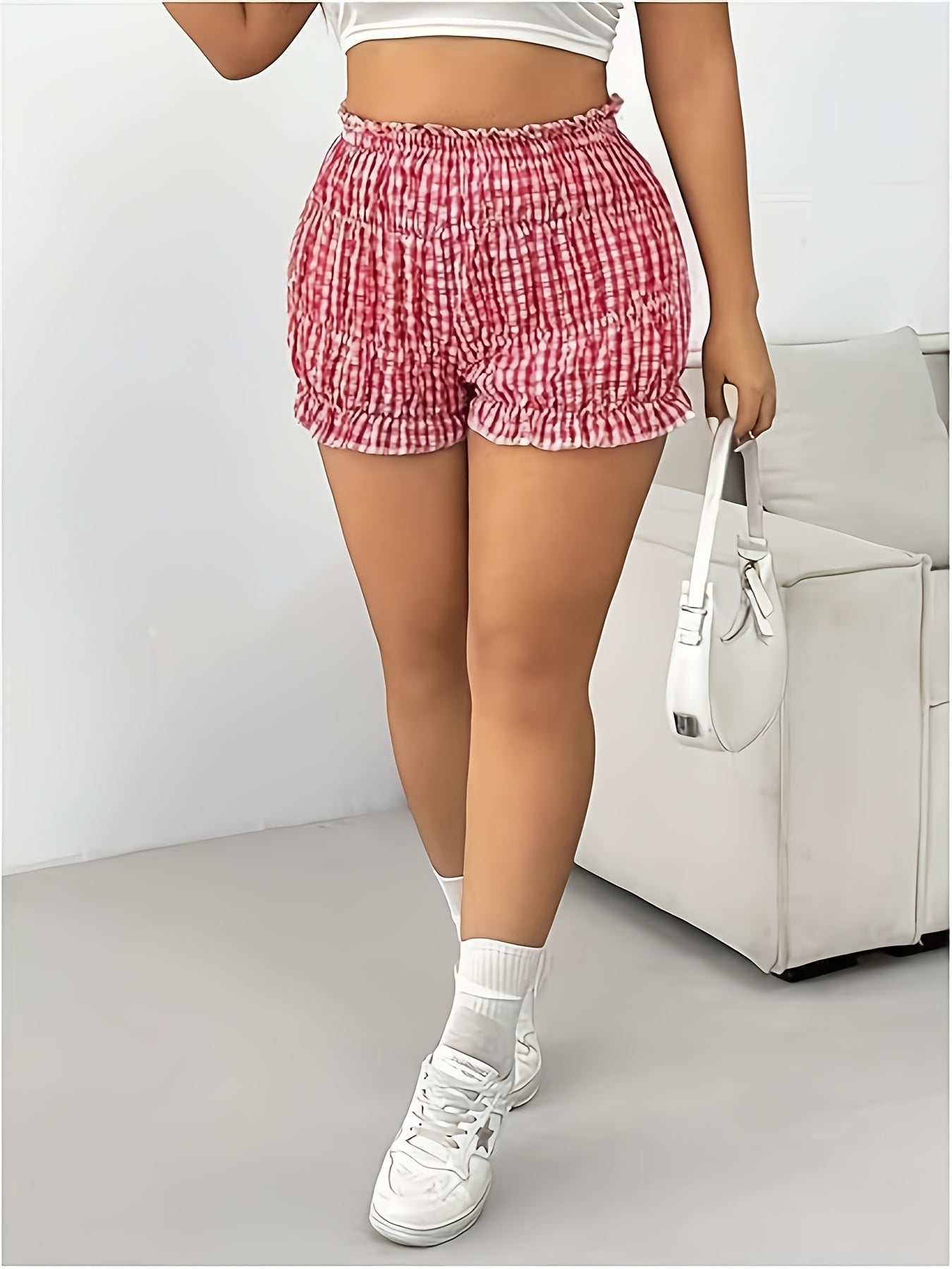 Шорты для женщин больших размеров с клетчатым кружевом, низкая посадка, повседневные брюки