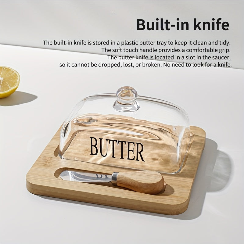 Glass Cover Box with Knife for Cheese Butter Sandwich Cake Dessert