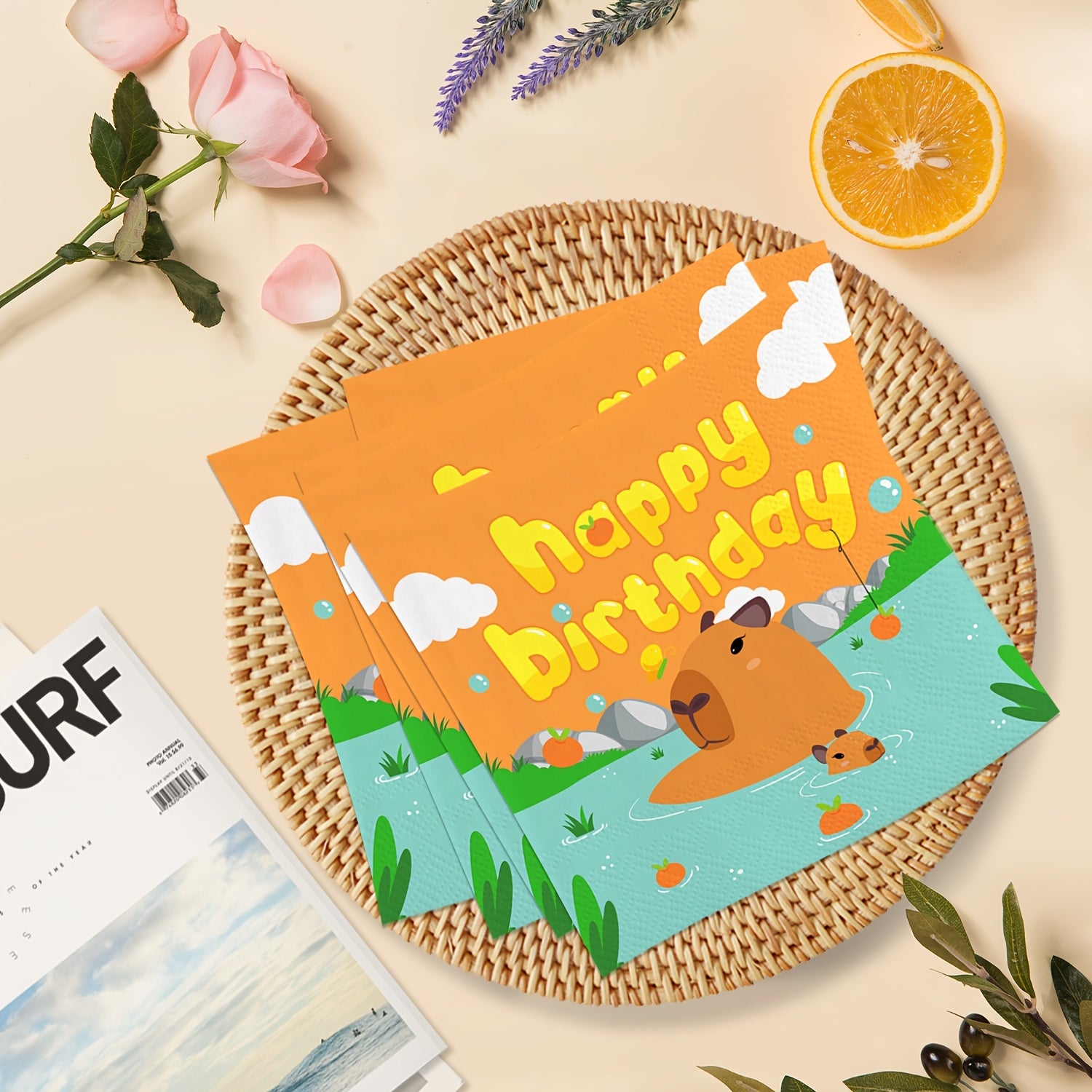 Bolalar tug'ilgan kuni va tadbirlar uchun 20 ta apelsin rangli multfilm Capybara partiyali salfetkalar to'plami