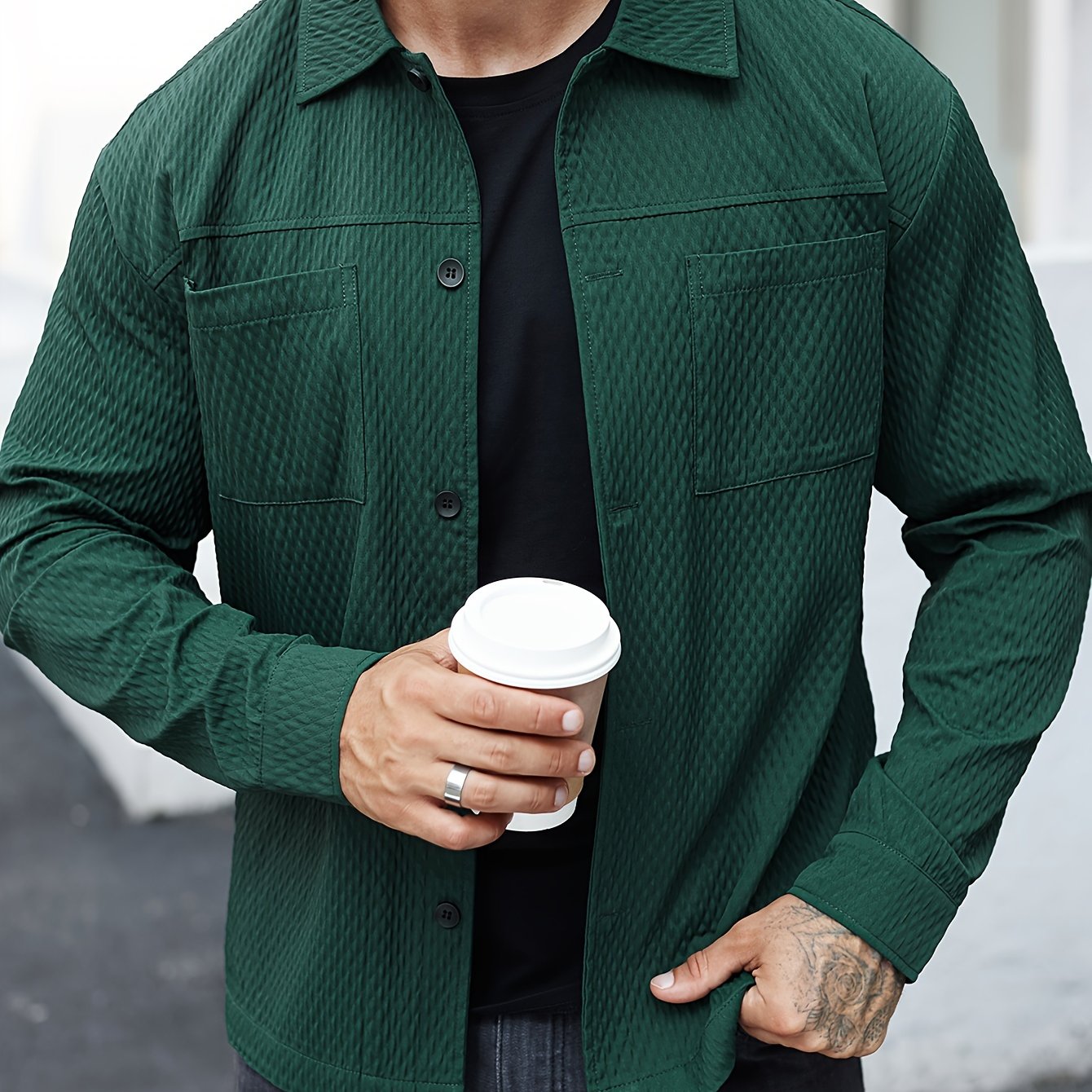 Men's Long Sleeve Textured Shirt for Fall and Winter Casual Solid Color