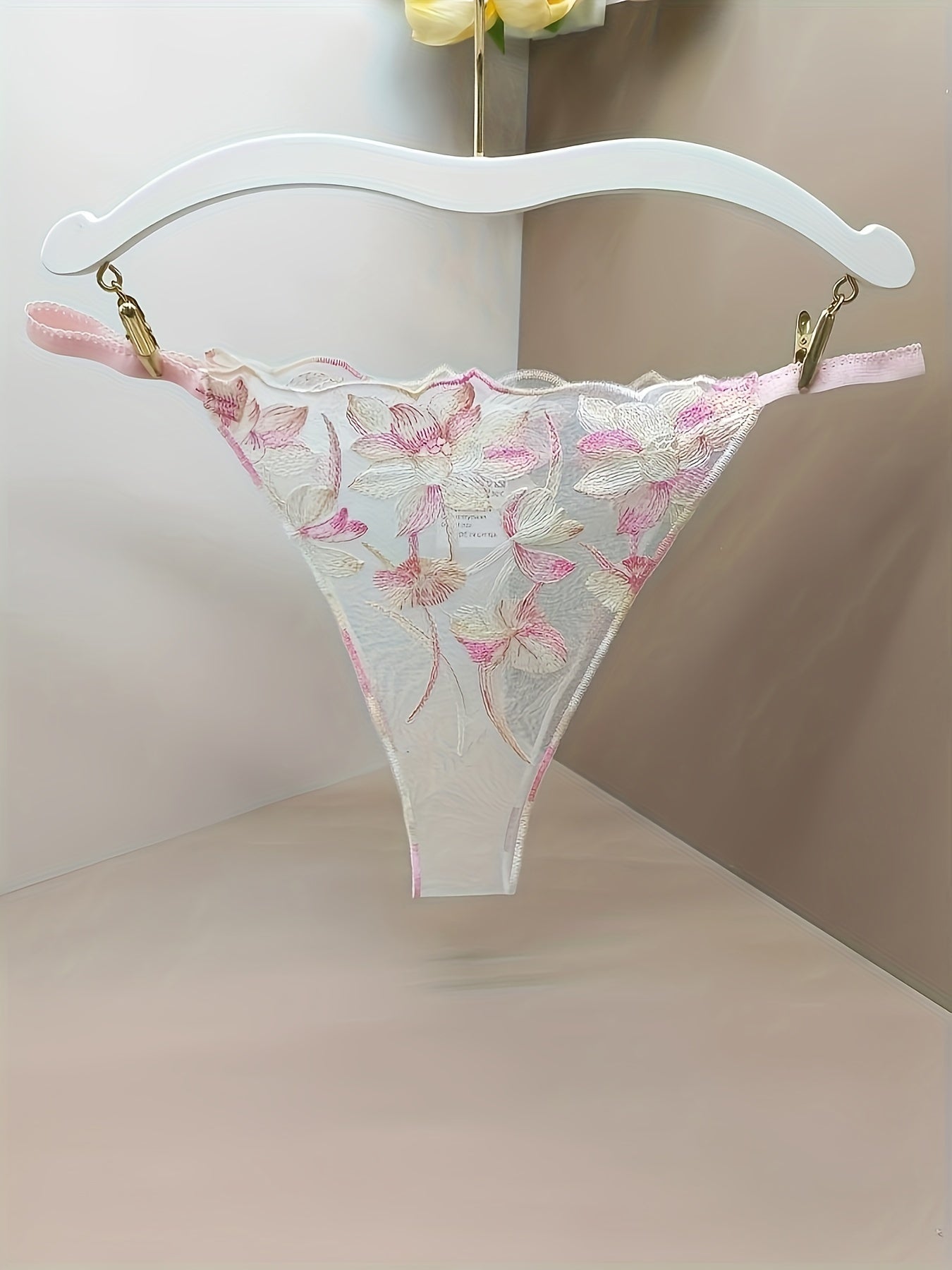 Women's Sheer Mesh Thong Panties with Embroidered Floral Design and Open Crotch