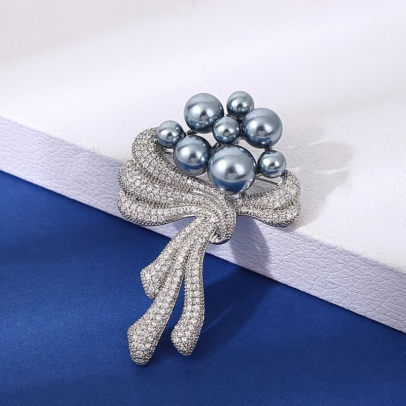 Elegant Rhinestone Faux Pearl Bouquet Brooch Pin with Crystal Flower and Bow