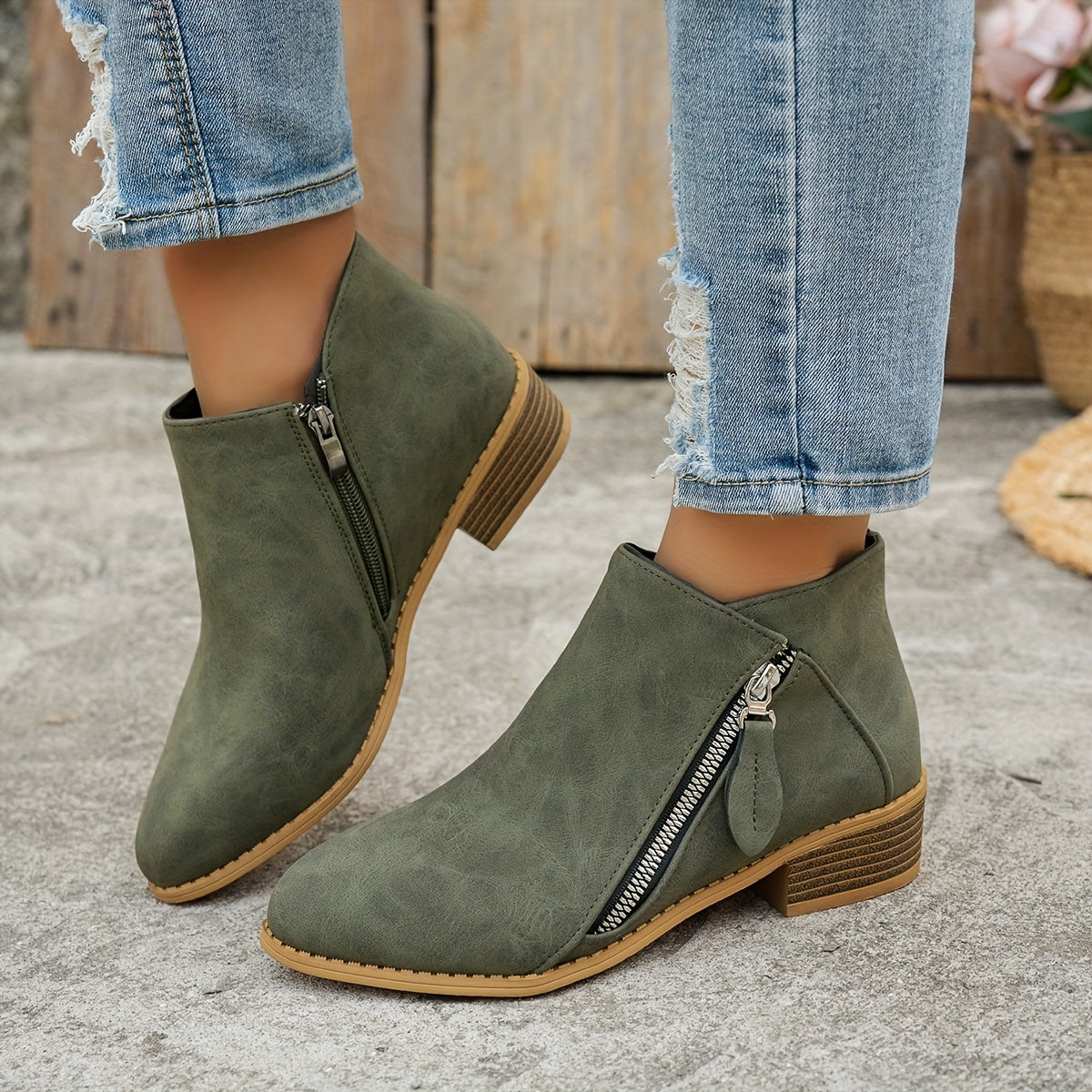 Women's Solid Color Ankle Boots With Thick Sole Wedge Back Zipper