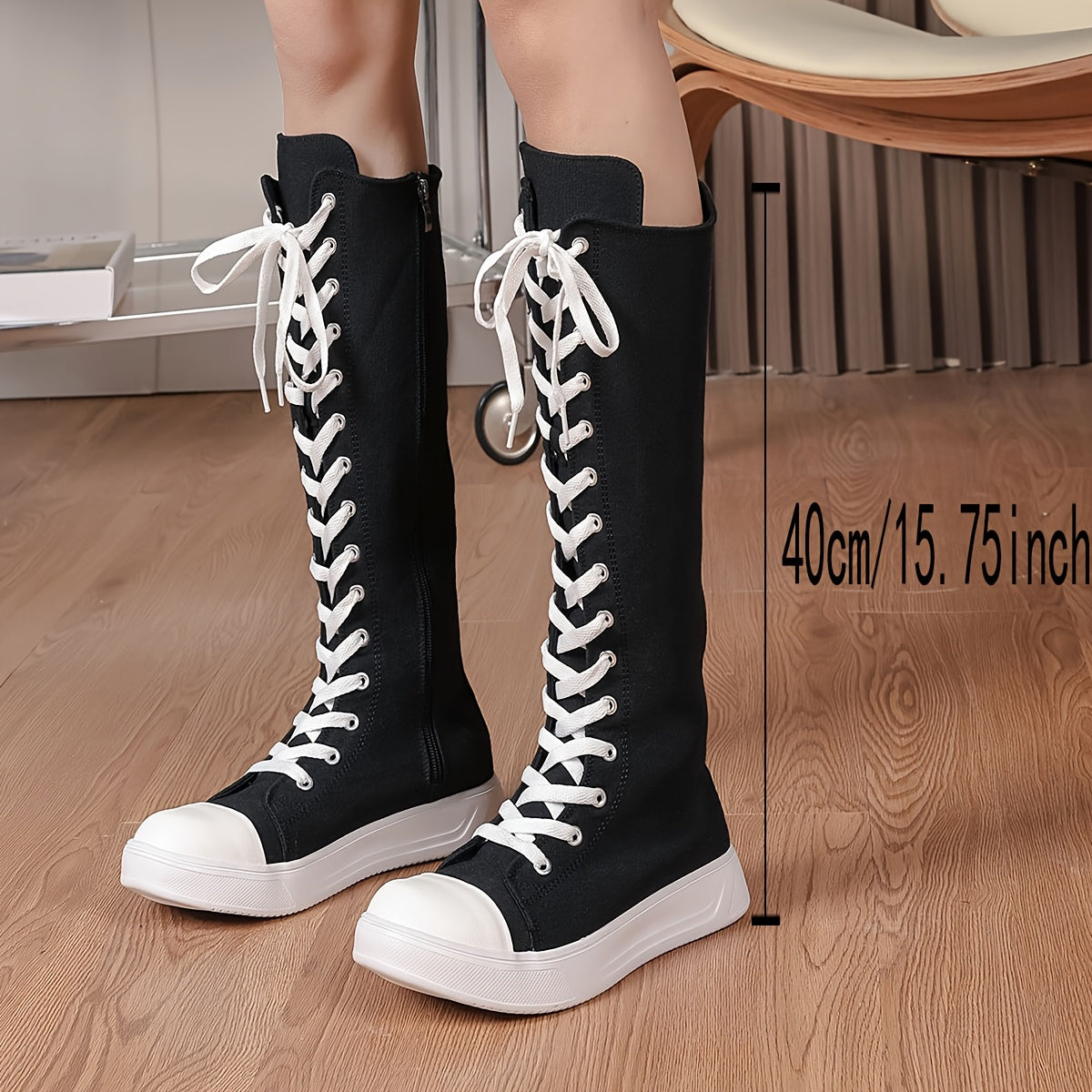 Women's Solid Color Slim Knee High Boots Side Zipper Platform Lace Up