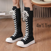 Women's Solid Color Slim Knee High Boots Side Zipper Platform Lace Up