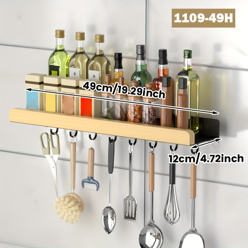 Wood and Metal Wall-Mounted Spice Rack with Hooks for Kitchen Storage