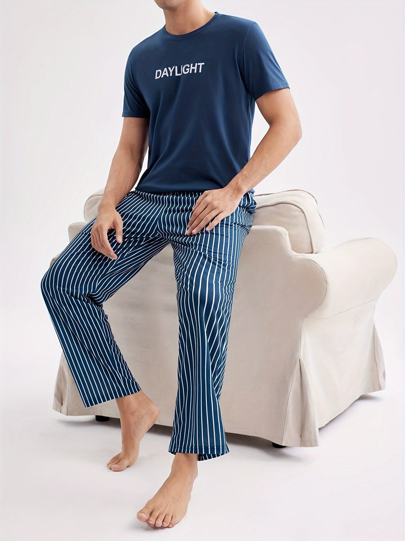 Men's Casual Short Sleeve Pajama Set with Striped Pants Made of Polyester Knit Fabric