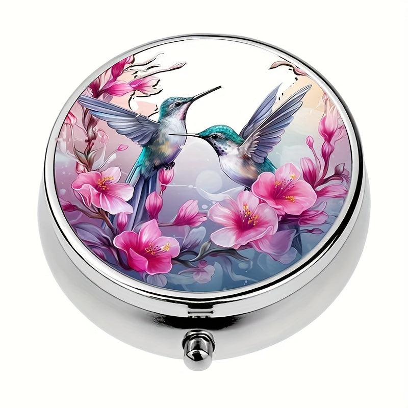Women's Hummingbird Round Pill Box 3 Compartments Travel Organizer Portable