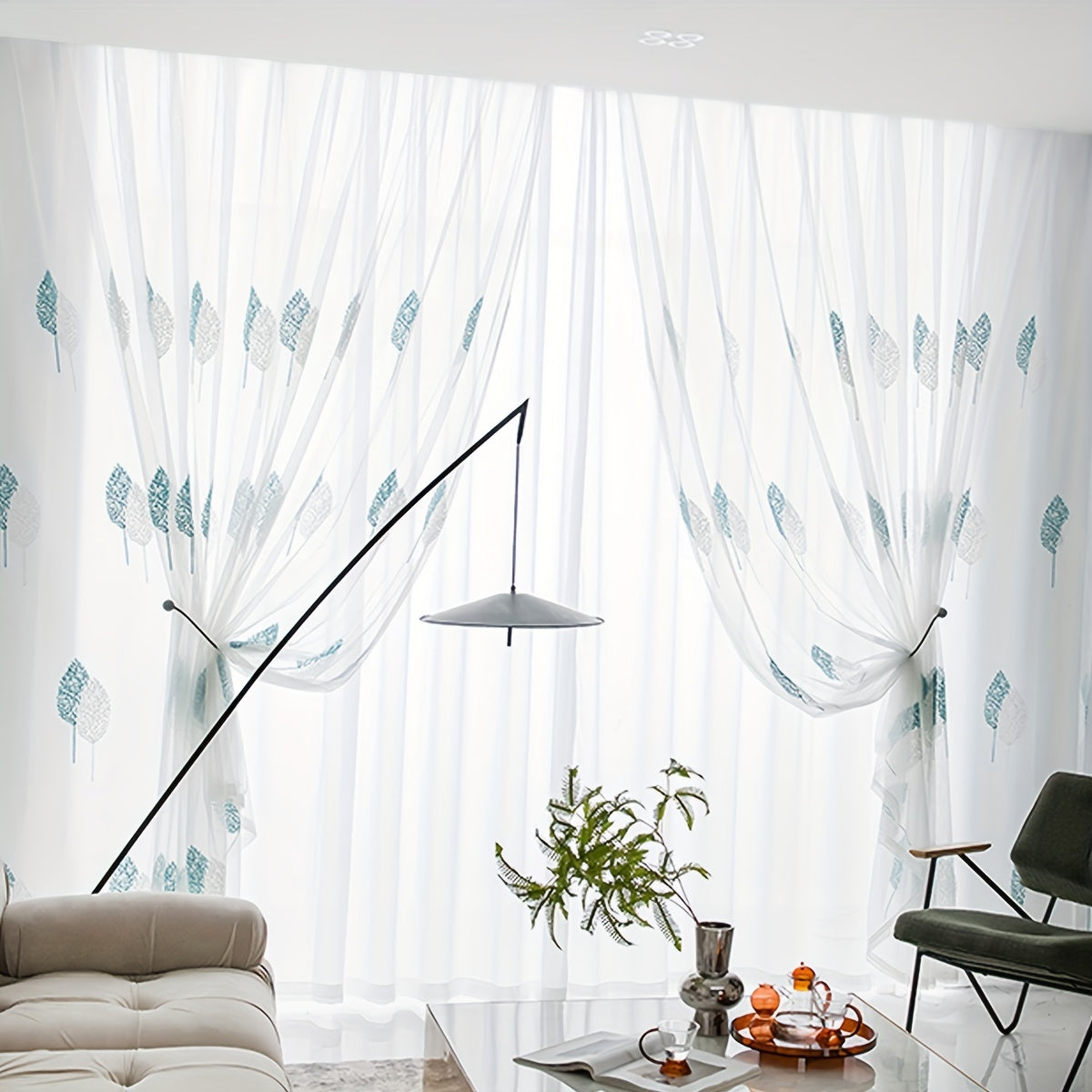 Elegant Tulle Curtain with Leaf Embroidery Translucent Rod Pocket for Living Room Bedroom