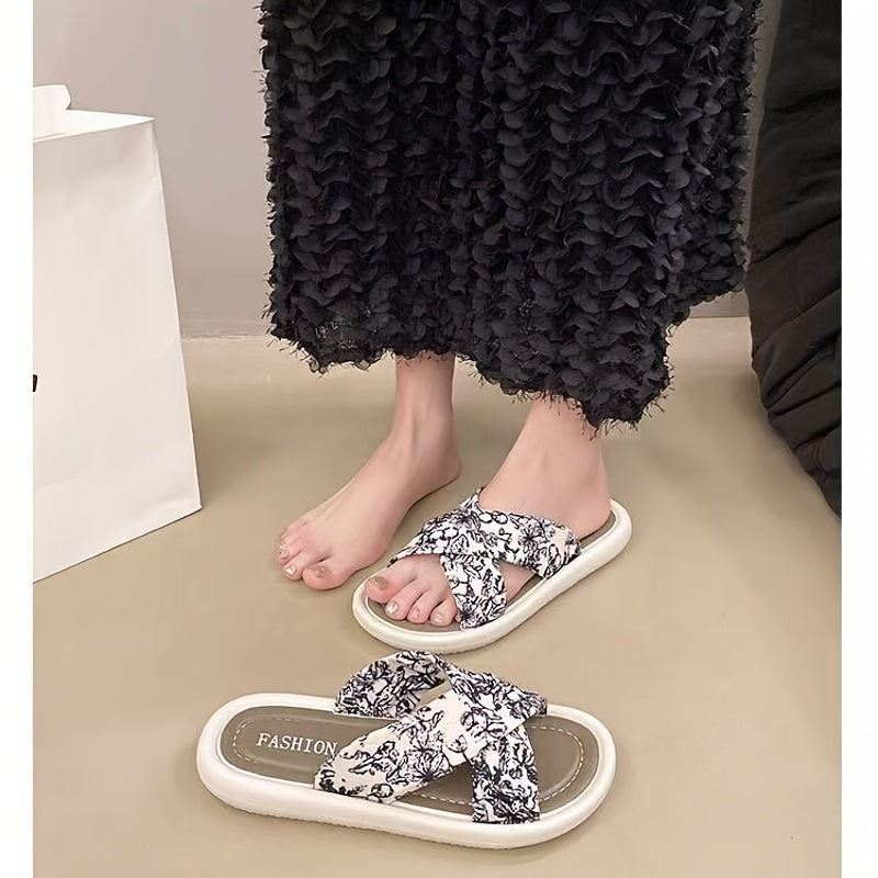 Ayollar uchun gullar bilan bosilgan slip-on sandallar qora va oq, barcha mavsumlar uchun EVA