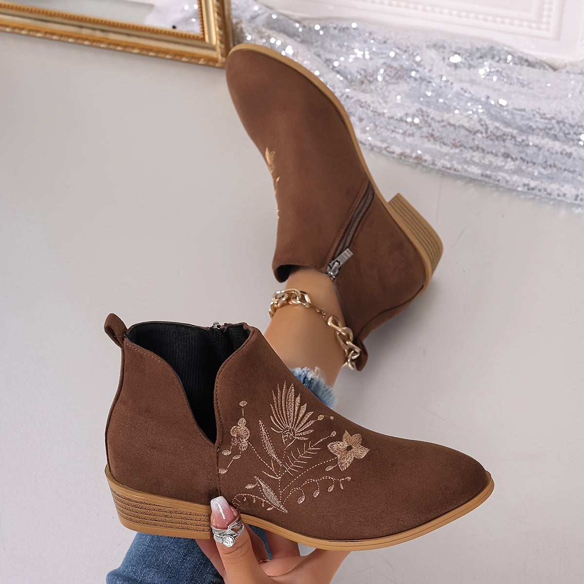 Women Embroidered Fabric Ankle Booties Round Toe Zip Mid-Heel French Heels